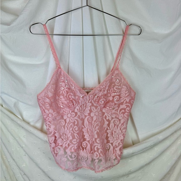 Vintage Y2K Victoria Secret Gold Label Pink Lace Sheer Top - Picture 1 of 4